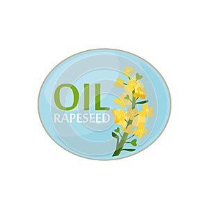 Blue oval sticker with bright-yellow rapeseed flower and text. Healthy product. Design for label of oil bottle or promo