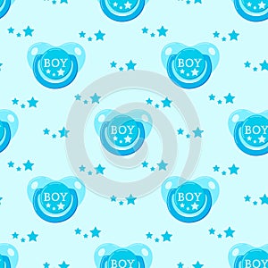 Blue pacifier baby dummy vector seamless pattern.