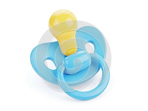 Blue pacifier with yellow handle isolated on white background