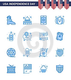 Blue Pack of 16 USA Independence Day Symbols of map; bottle; phone; alcohol; pumpkin