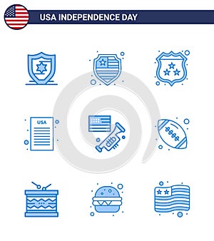 Blue Pack of 9 USA Independence Day Symbols of american ball; rugby; declaration of independence; ball; laud