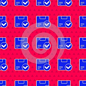 Blue Package box with check mark icon isolated seamless pattern on red background. Parcel box. Approved delivery or