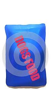 Blue packaging of wet dog food with `Dogs Food` inscription on a white background.