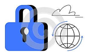 Blue Padlock with Globe and Cloud Representing Global Data Security and Cloud Connectivity