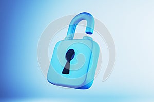 Blue padlock icon on a gradient background representing security and protection. 3D Rendering