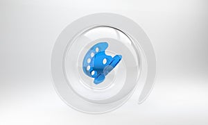 Blue Paint brush with palette icon isolated on grey background. Glass circle button. 3D render illustration