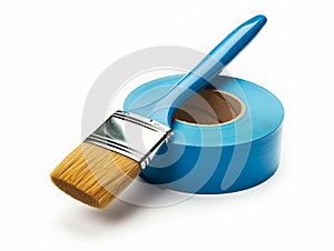 A blue paint brush and roll of tape
