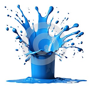 Blue paint can with big splash isolated