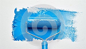 A blue paint roller is being used to paint a wall by AI generated image