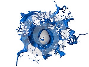 Blue paint splash over a white easter egg. 3d illustration