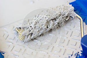 Blue paint tray with paint roller and paint inside it.