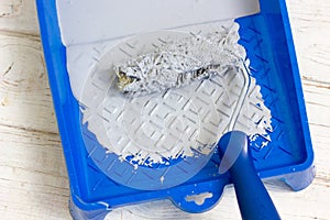 Blue paint tray with paint roller and paint inside it.