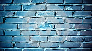 Blue-painted brick wall with rectangular bricks arranged in a horizontal pattern