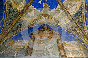 blue painted ceiling, interior of the Castle Torrechiara in Langhirano, Italy