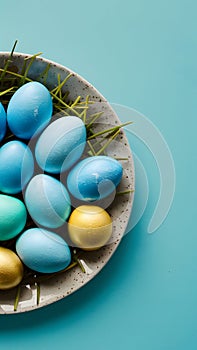 Blue painted eggs arranged on plate, top view Easter composition