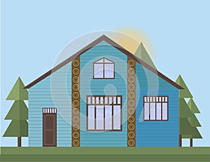 Blue painted Wooden house facade in the forrest. Vector illustration sunset background