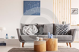 Blue painting on white wall of contemporary living room interior with grey settee with pillows