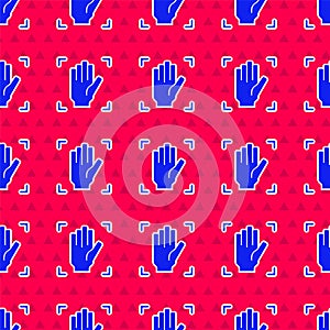 Blue Palm print recognition icon isolated seamless pattern on red background. Biometric hand scan. Fingerprint