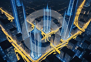 Blue panoramic city on black background, technology city connection