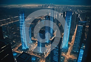 Blue panoramic city on black background, technology city connection