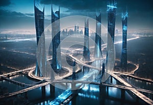 Blue panoramic city on black background, technology city connection