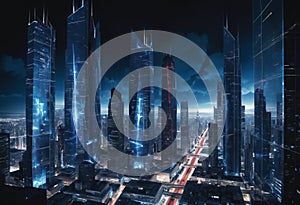 Blue panoramic city on black background, technology city connection