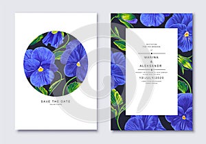 Blue Pansies realistic floral design with green leaves. Vector spring minimalist banner illustration.