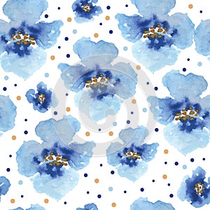 Blue pansies with yellow navy and blue dots repeated backdrop pattern print on white background