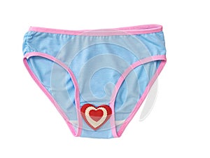 Blue panties with red border and red-white heart isolated on white background. Underwear. The view from the top.