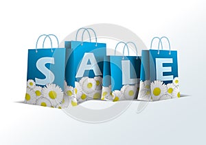 Blue paper bag with daisies. Vector.