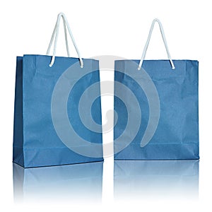 Blue paper bag on white background