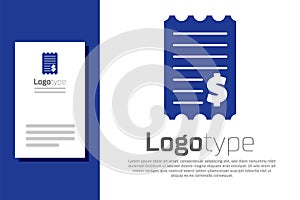 Blue Paper check and financial check icon isolated on white background. Paper print check, shop receipt or bill. Logo