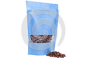 Blue paper doypack stand up coffee pouch with window zipper, plain, filled with coffee beans on white background