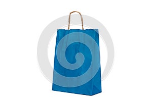 A blue paper gift bag with handles