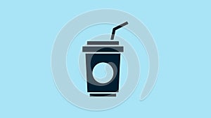 Blue Paper glass with drinking straw and water icon isolated on blue background. Soda drink glass. Fresh cold beverage