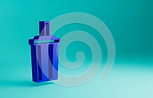 Blue Paper glass with drinking straw and water icon isolated on blue background. Soda drink glass. Fresh cold beverage