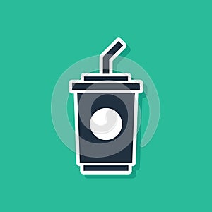 Blue Paper glass with drinking straw and water icon isolated on green background. Soda drink glass. Fresh cold beverage