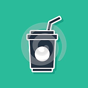 Blue Paper glass with drinking straw and water icon isolated on green background. Soda drink glass. Fresh cold beverage