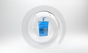 Blue Paper glass with drinking straw and water icon isolated on grey background. Soda drink glass. Fresh cold beverage