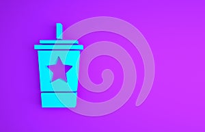 Blue Paper glass with drinking straw and water icon isolated on purple background. Soda drink glass. Fresh cold beverage
