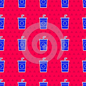 Blue Paper glass with drinking straw and water icon isolated seamless pattern on red background. Soda drink glass. Fresh