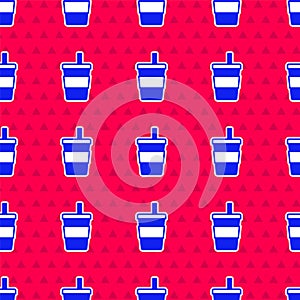 Blue Paper glass with drinking straw and water icon isolated seamless pattern on red background. Soda drink glass. Fresh