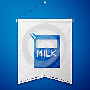 Blue Paper package for milk icon isolated on blue background. Milk packet sign. White pennant template. Vector