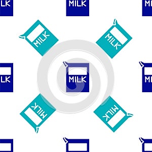 Blue Paper package for milk icon isolated seamless pattern on white background. Milk packet sign. Vector Illustration