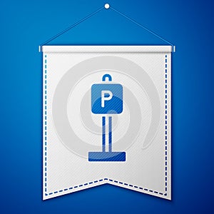 Blue Parking icon isolated on blue background. Street road sign. White pennant template. Vector