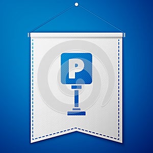 Blue Parking icon isolated on blue background. Street road sign. White pennant template. Vector Illustration