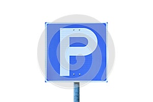 Blue parking road sign isolated on white background