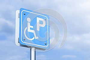 A blue parking sign for the disabled, against a blue sky background