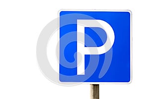 Blue parking sign isolated on white background