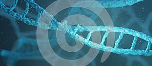 Blue particles dna helix glowing over dark blue background. Concept of genetics, medicine. Biotech 3D Illustration